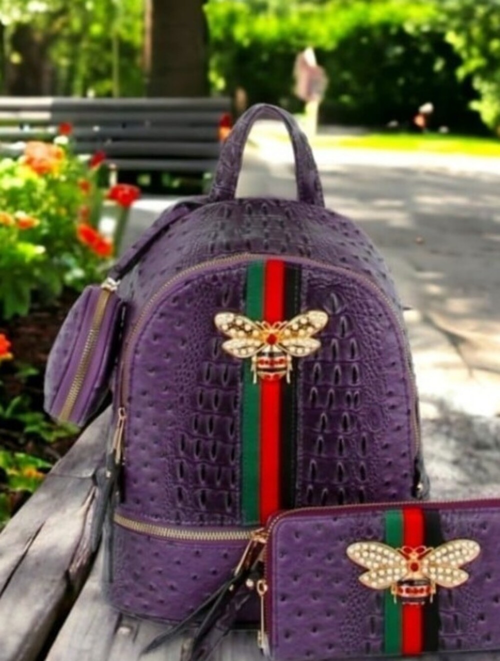 Purple Textured Backpack and Wallet Set with Bee Accent